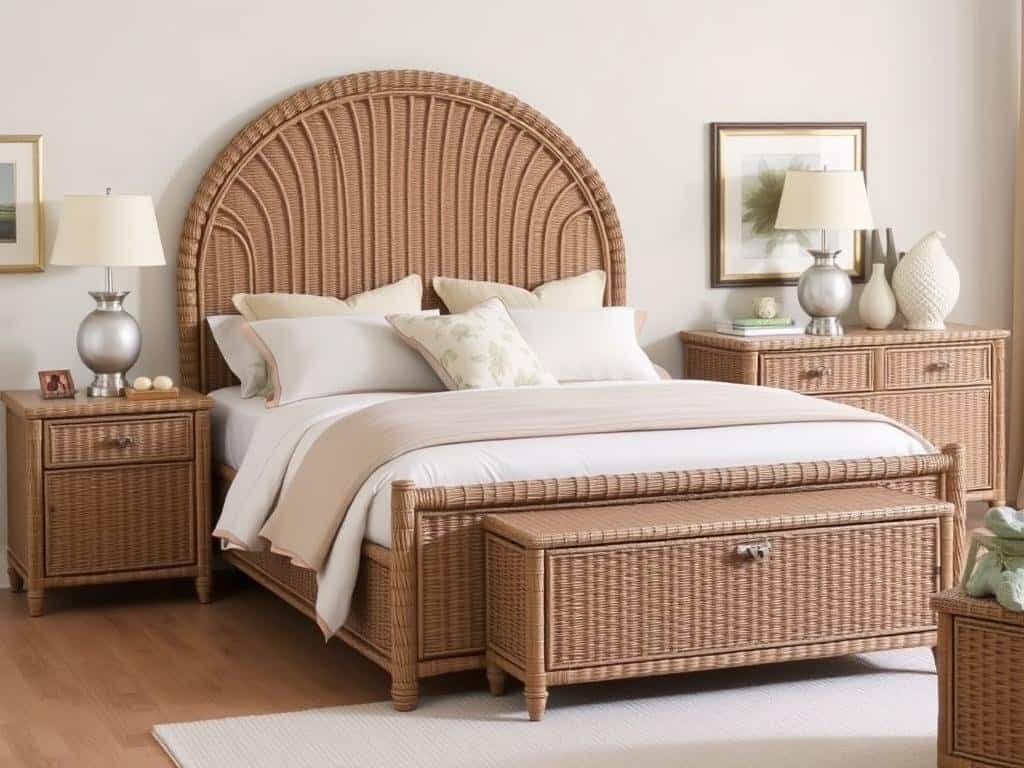 Wicker bedroom furniture including headboard, nightstands and storage chest