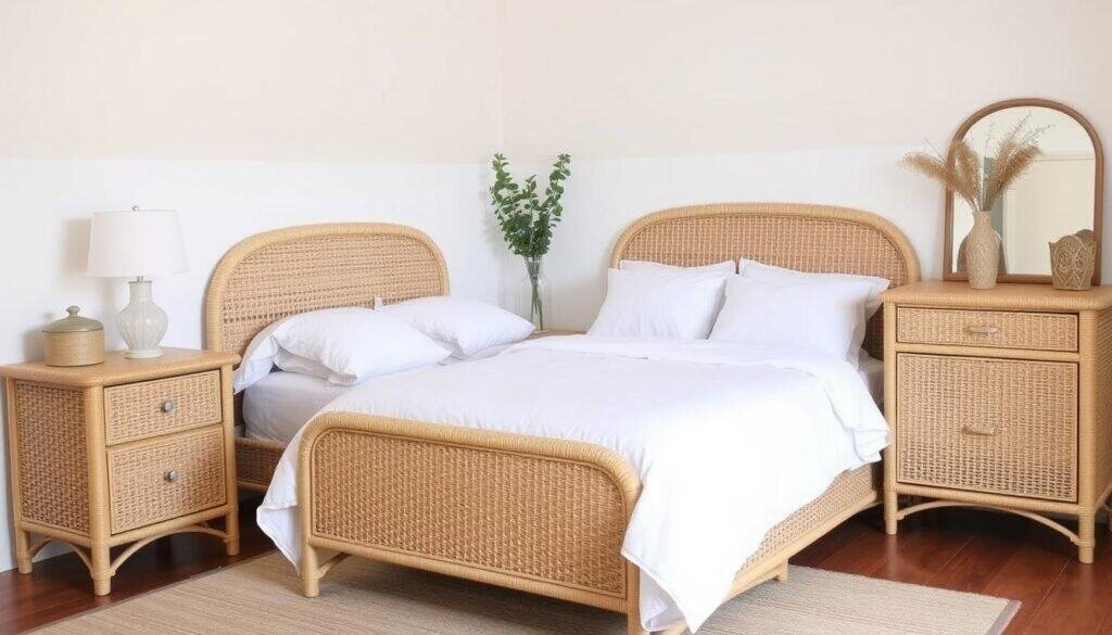 Wicker bedroom set with bed frame, nightstands and dresser