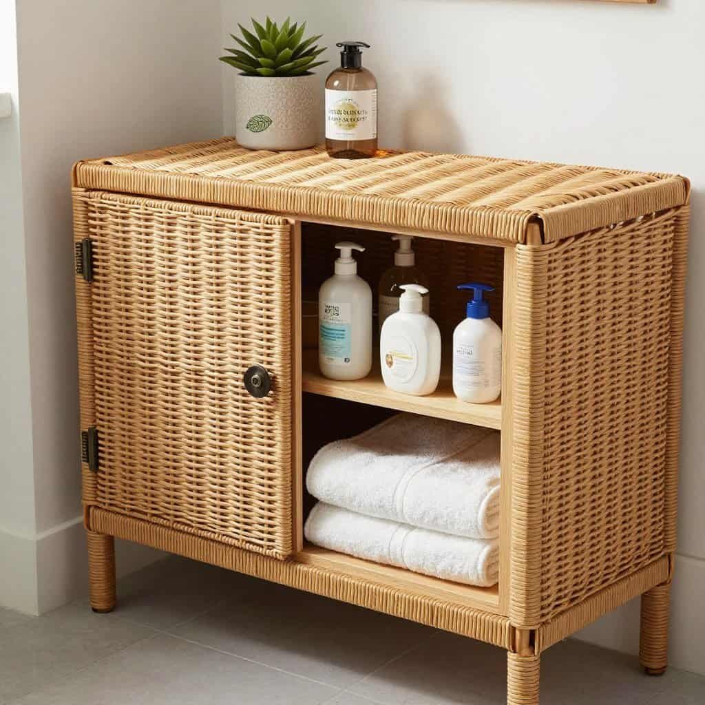 Wicker cabinet with doors in bathroom setting