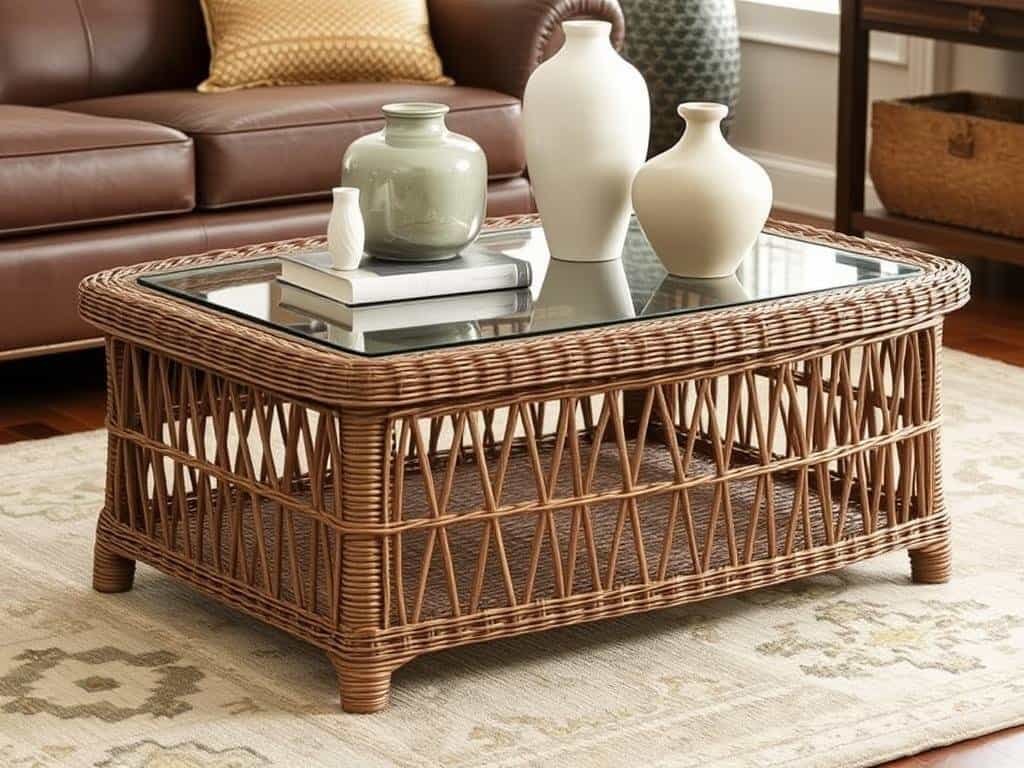 Wicker coffee table with glass top in a living room setting