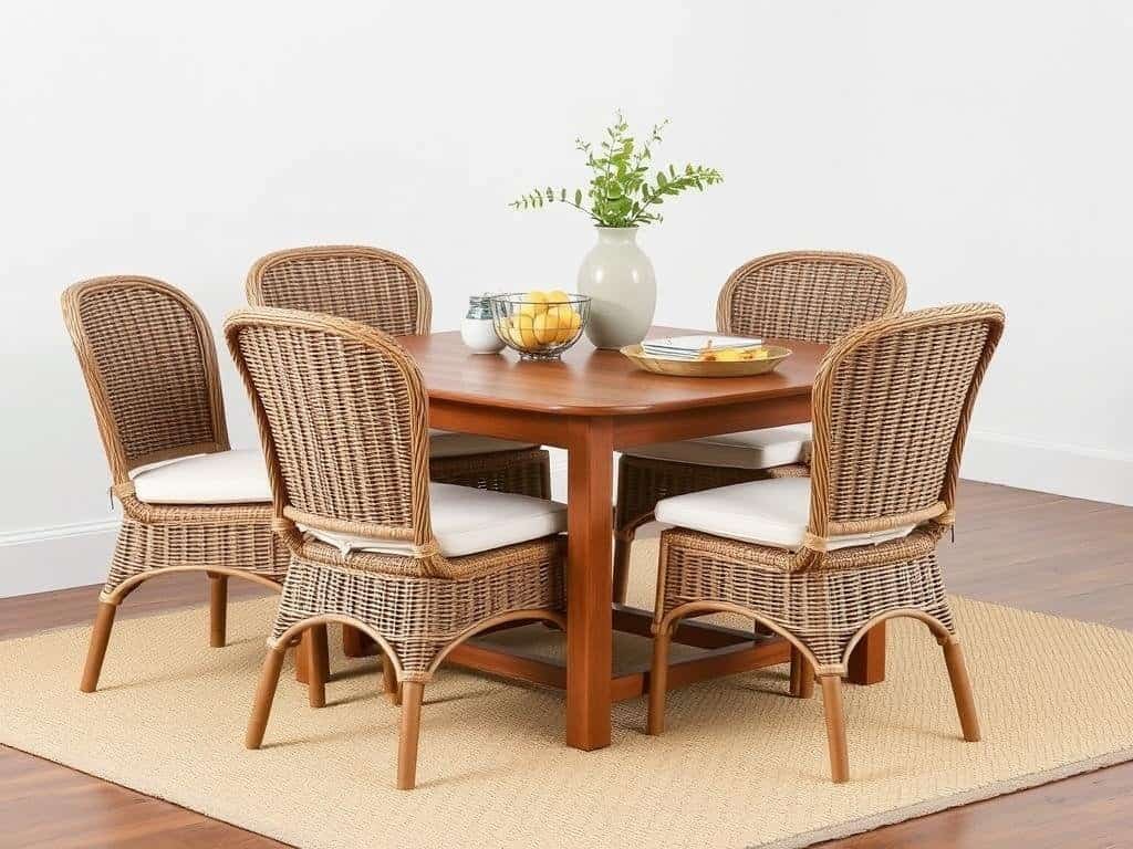 Wicker dining chairs around a wooden table
