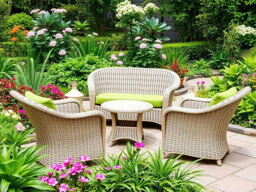 Wicker garden furniture arranged in a lush garden setting with flowers and plants