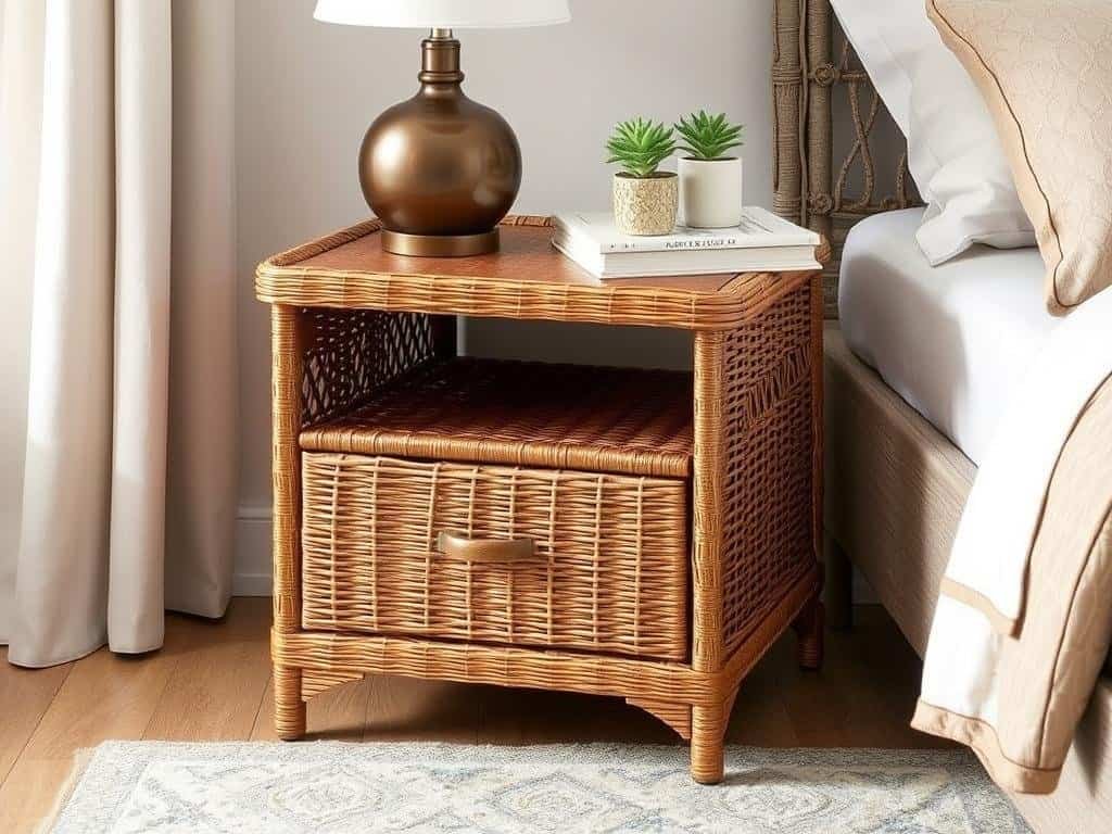 Wicker nightstand with lamp and decorative items
