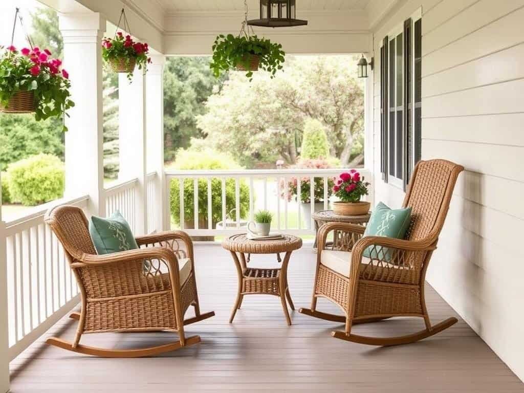 Wicker porch furniture with rocking chairs and side tables on a covered porch