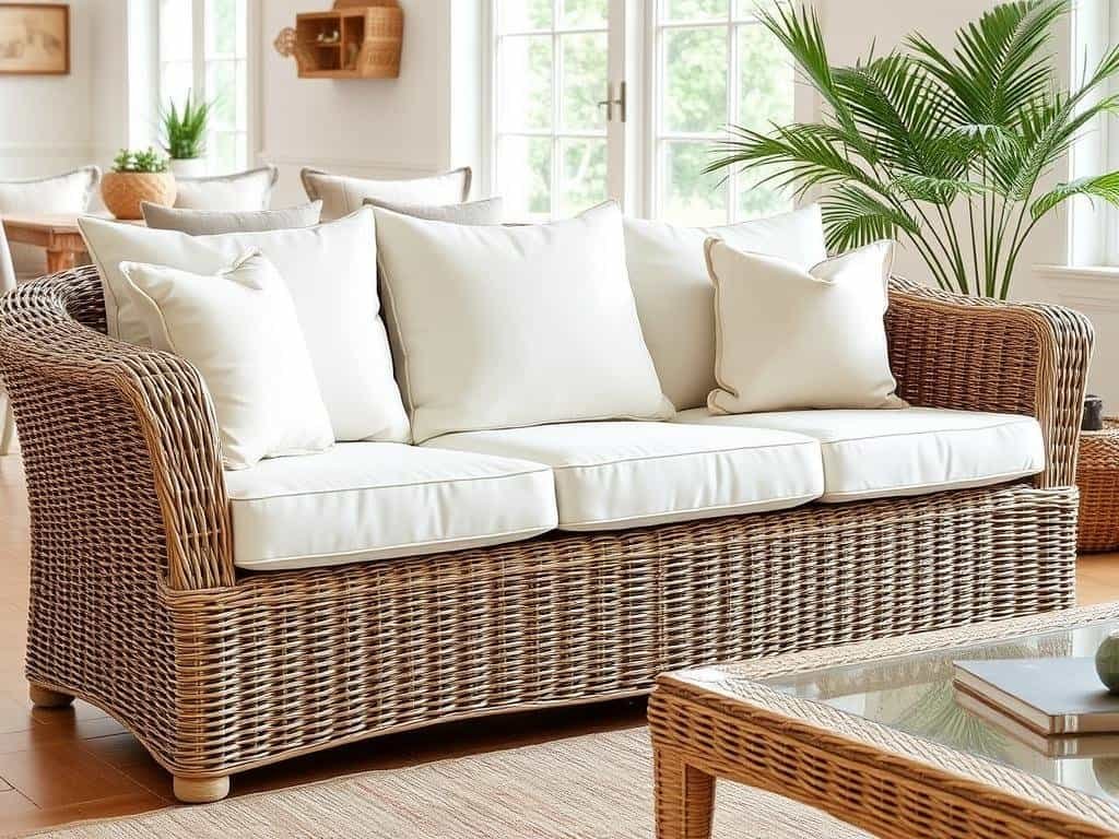 Wicker sofa with plush cushions in a bright living room