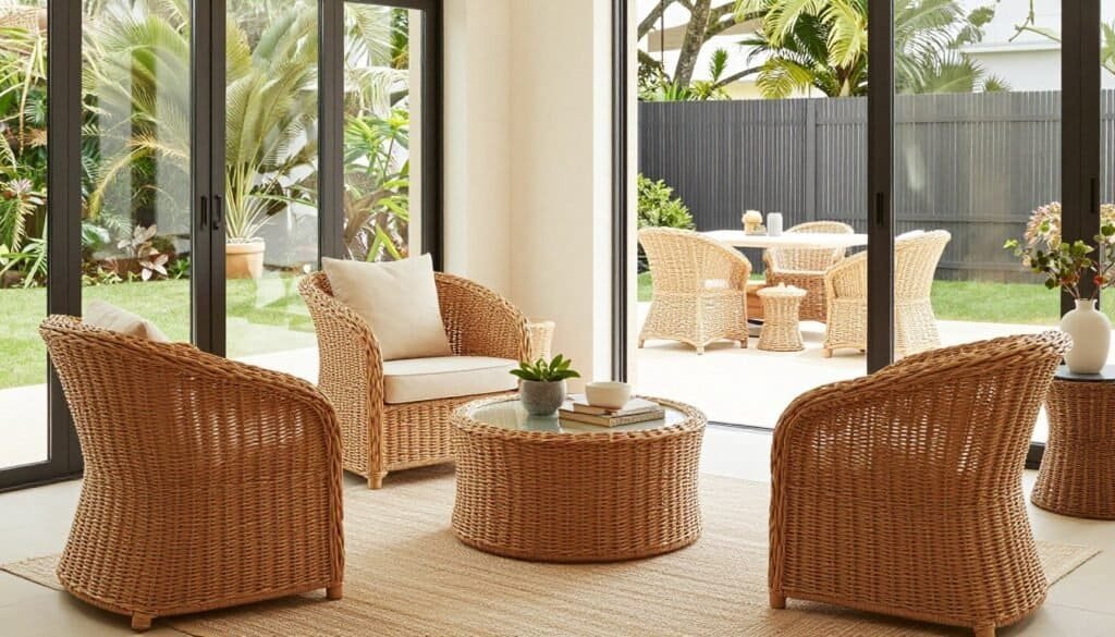 Beautiful living space featuring both natural rattan and synthetic wicker pieces used appropriately