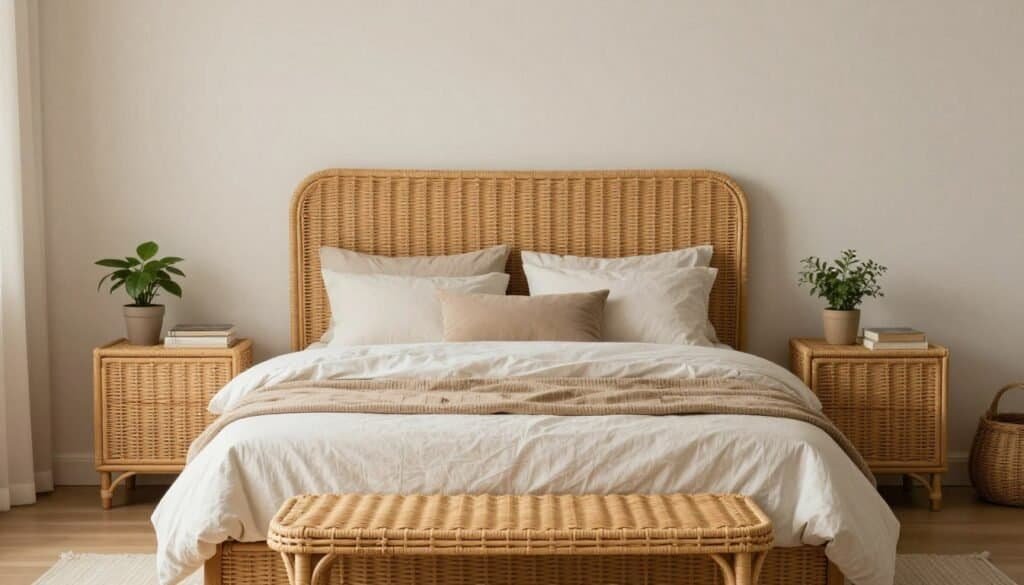 Bedroom with wicker headboard, nightstands, and bench