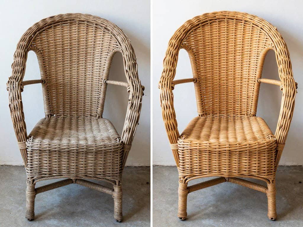 Before and after of restored vintage wicker furniture