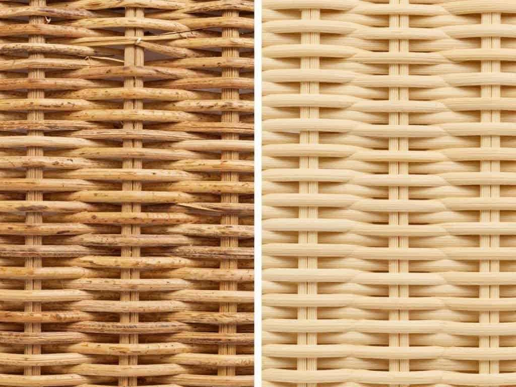 Close-up comparison of natural rattan wicker versus synthetic HDPE wicker