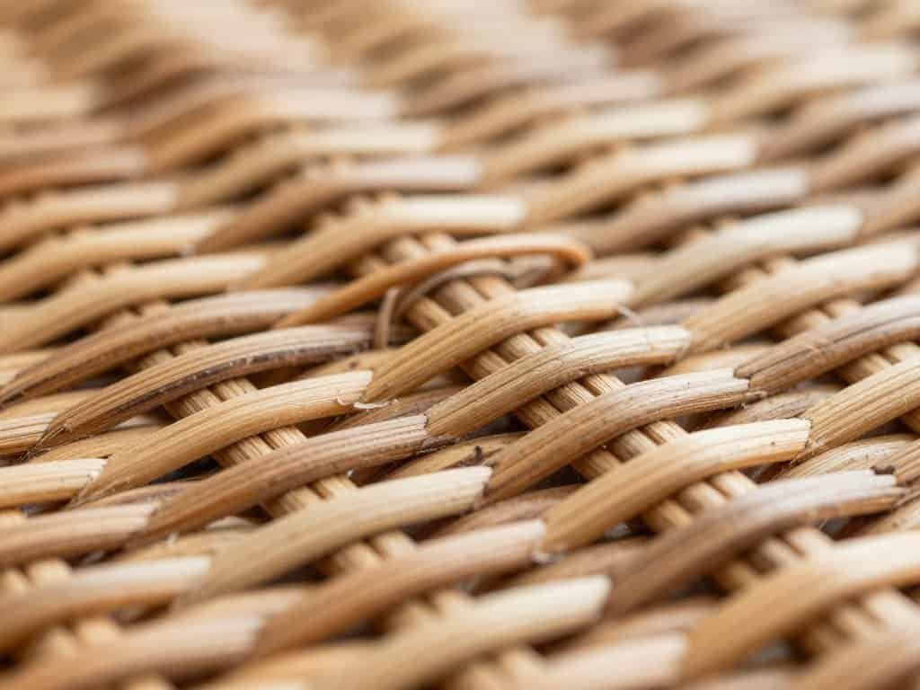 Close-up of indoor wicker furniture weaving patterns showing craftsmanship details