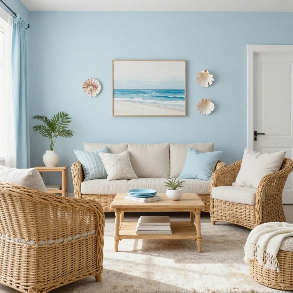 Coastal style living room with natural wicker furniture