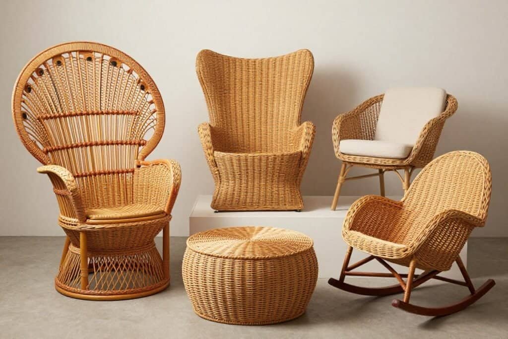 Collection of different wicker chair styles for living room use