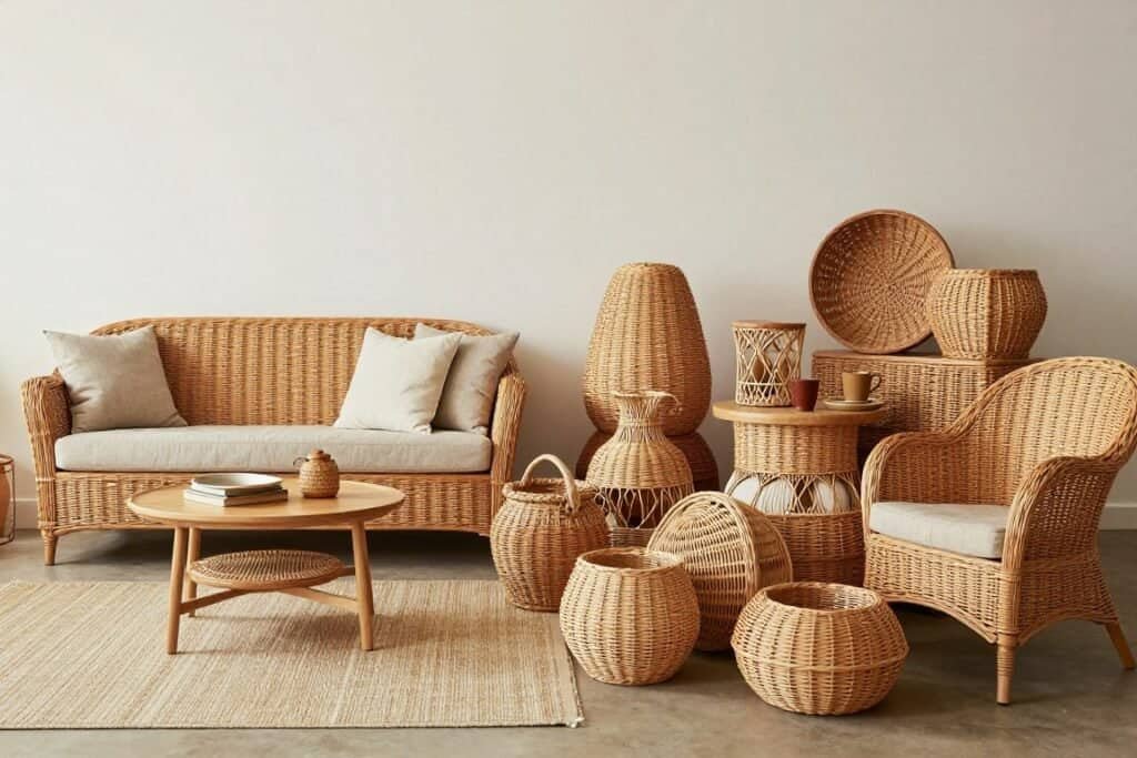 Comparison of balanced wicker use versus overcrowded wicker furniture arrangement