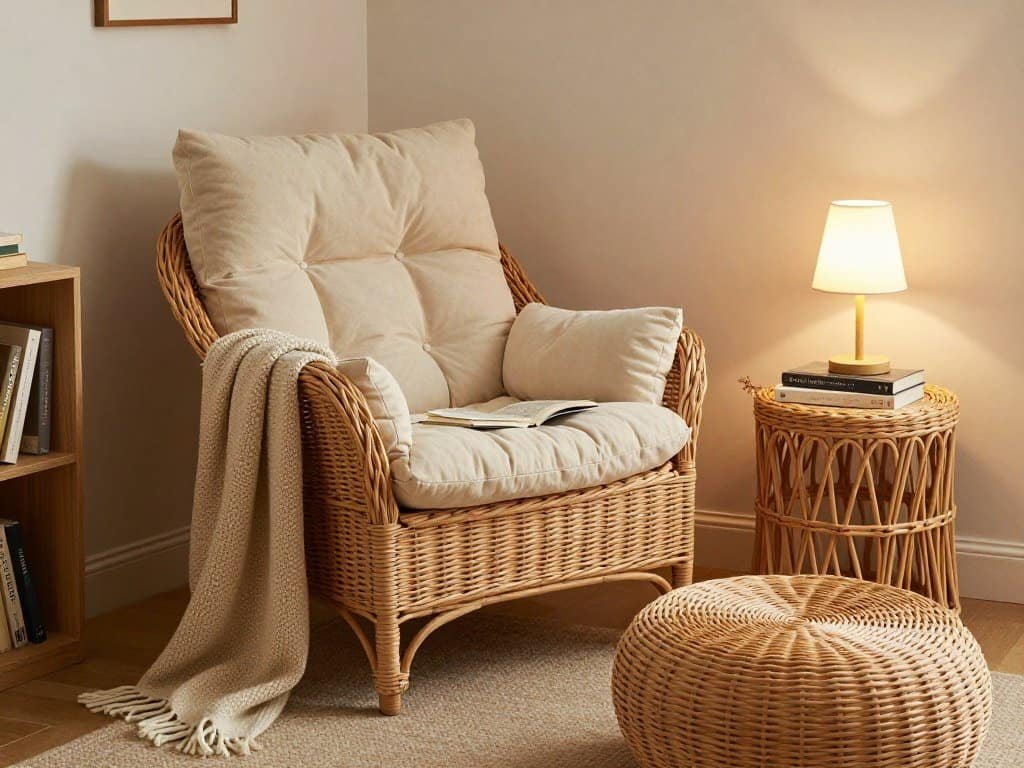 Cozy reading corner with wicker lounge chair, side table, and ottoman