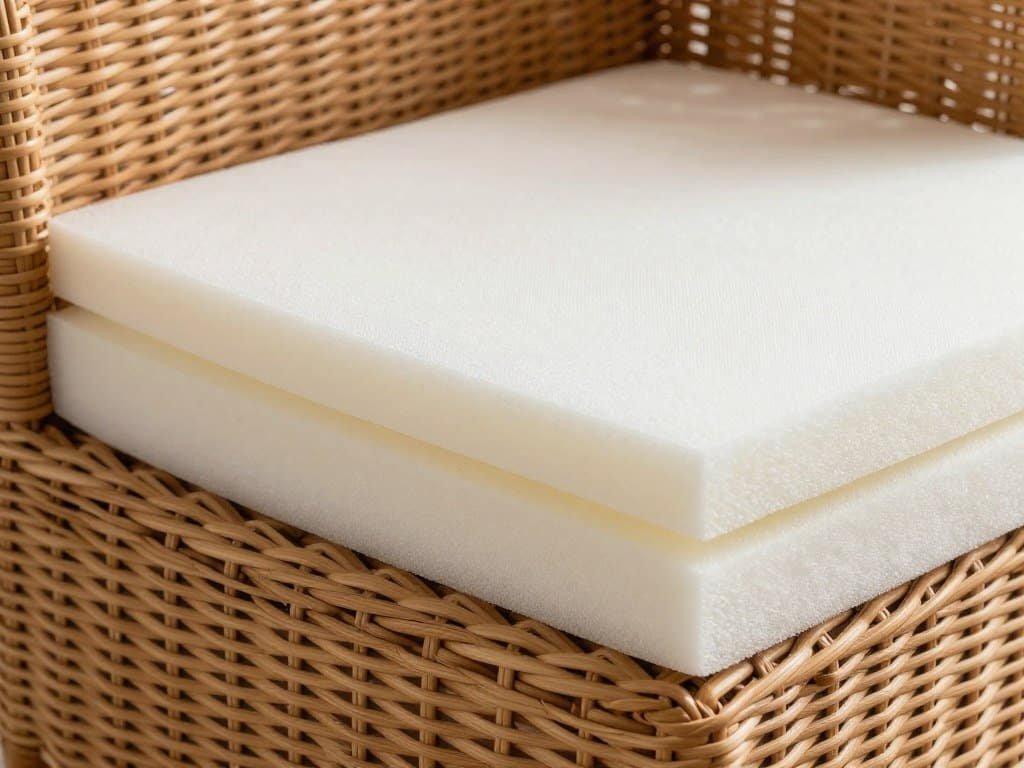 Cross-section view of quality wicker furniture cushions showing foam density and support