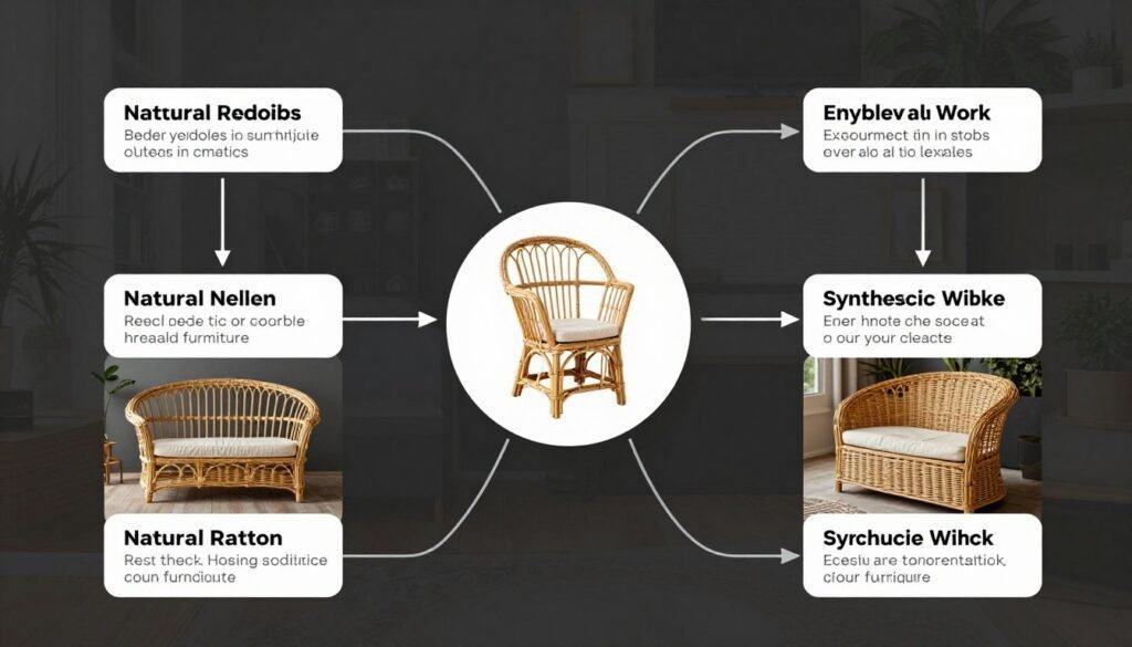 Decision flowchart for choosing between natural rattan and synthetic wicker based on use case
