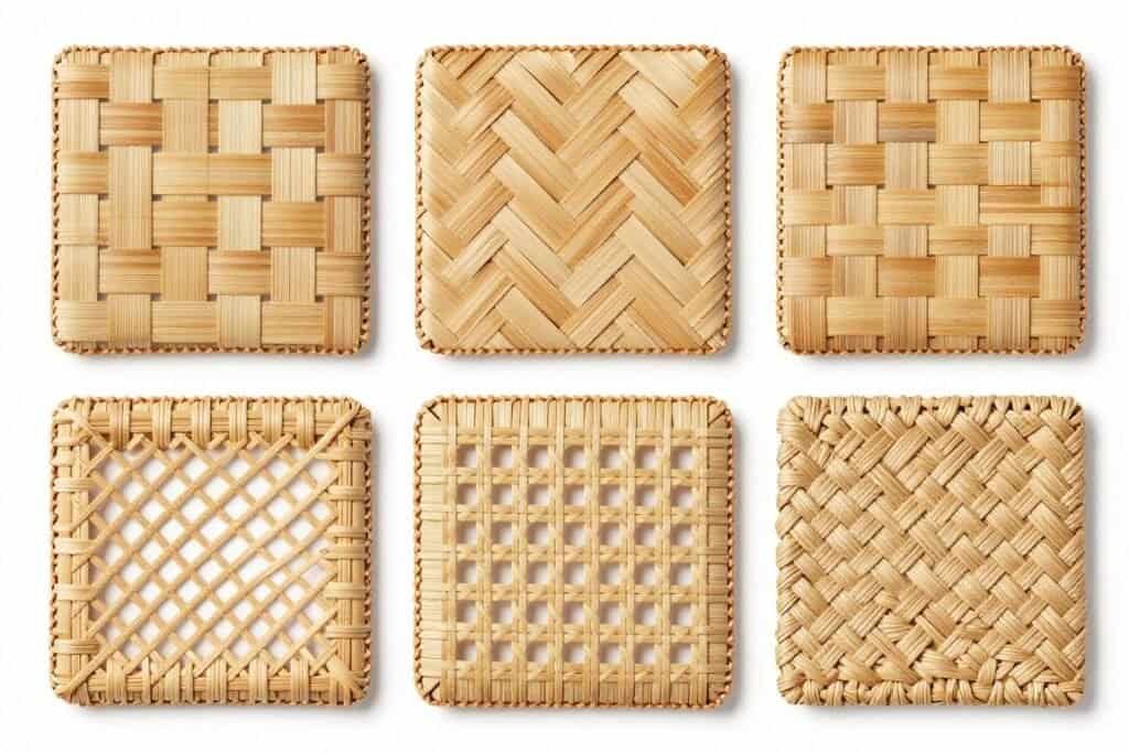 Different wicker weaving patterns showing close-up details of various techniques