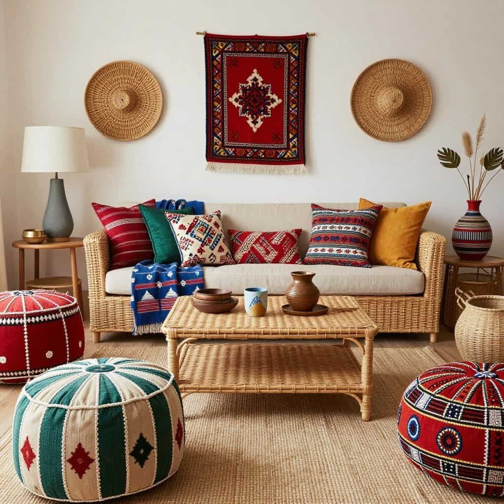 Eclectic room with wicker furniture and global textiles