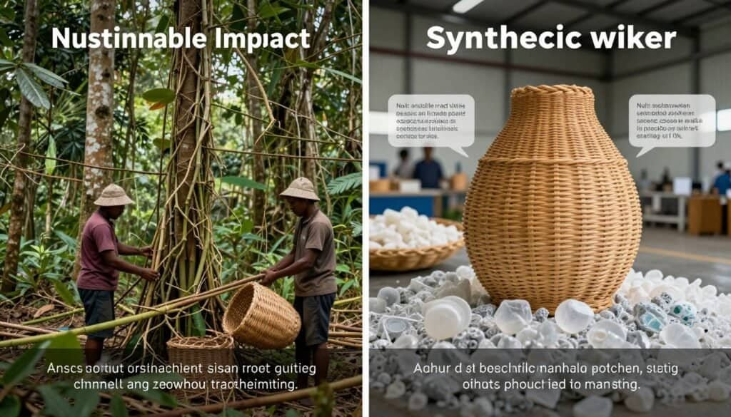 Environmental impact comparison between natural rattan harvesting and synthetic wicker production