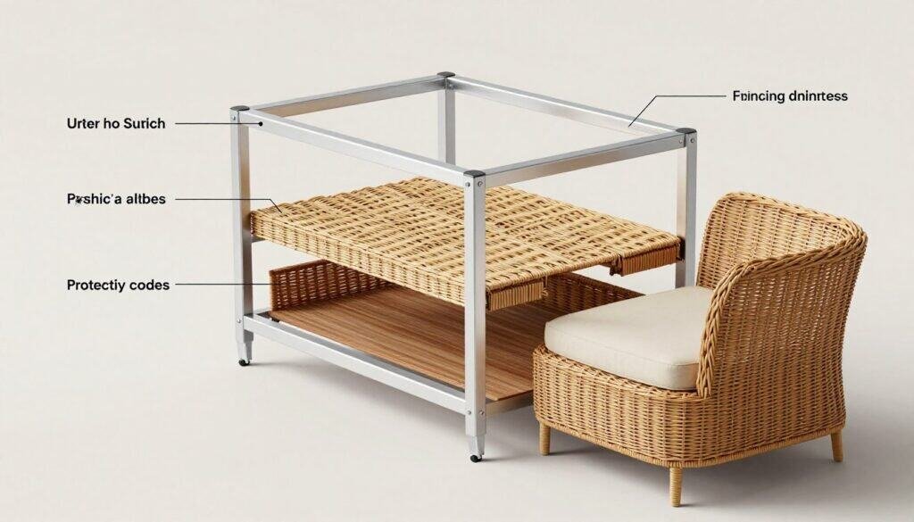 Exploded view of wicker furniture construction showing frame, weaving, and finishing elements