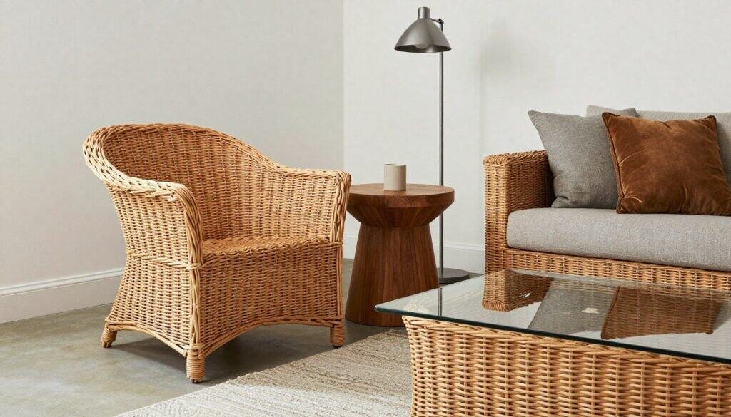 Living room showing wicker furniture mixed with wood, metal, and glass elements