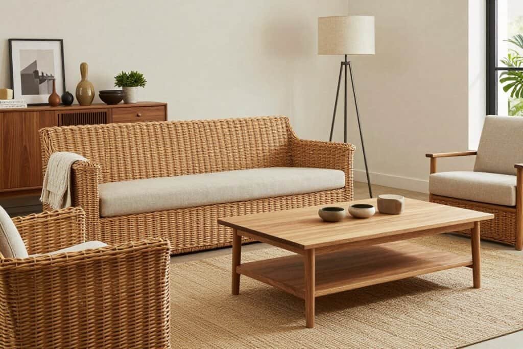 Living room showing wicker furniture mixed with wood tables and metal accents