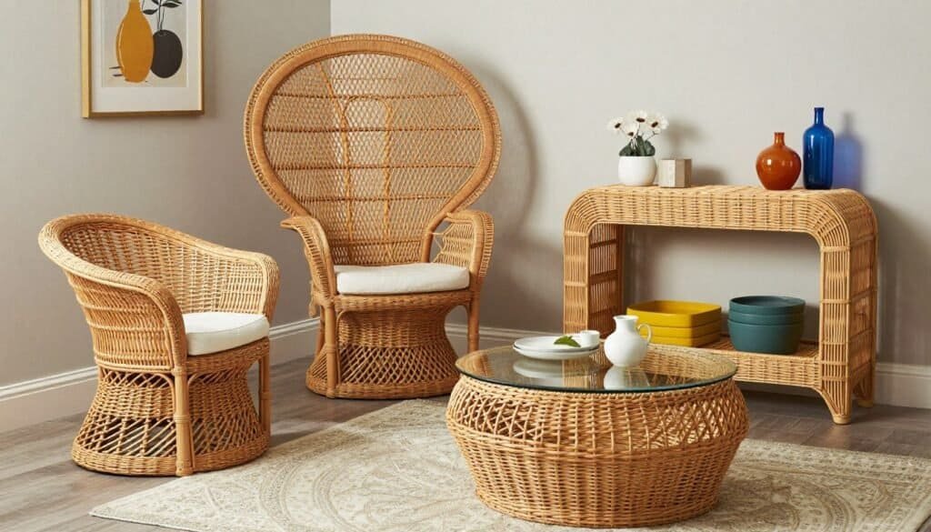 Living room with various indoor wicker furniture pieces including chairs and tables