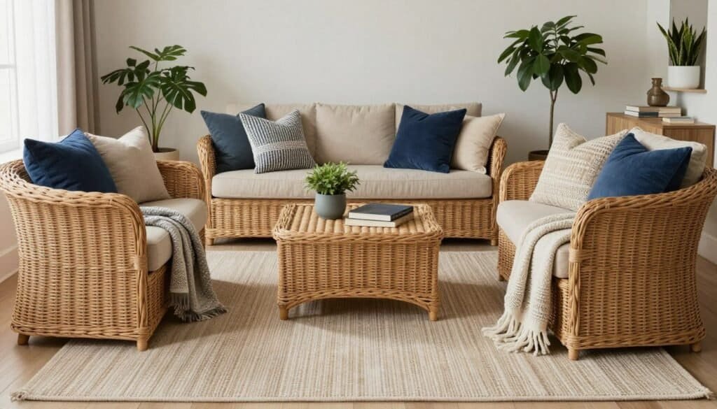 Living room with wicker furniture showcasing color balance and texture layering
