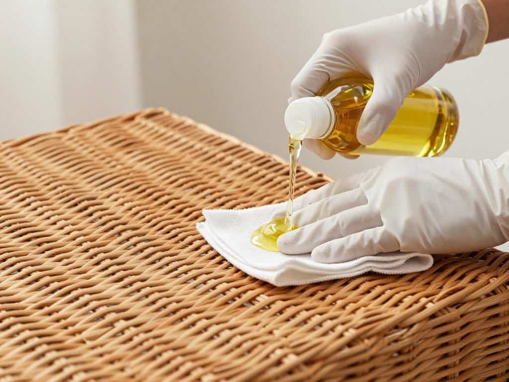 Person applying conditioning oil to natural wicker furniture for preservation