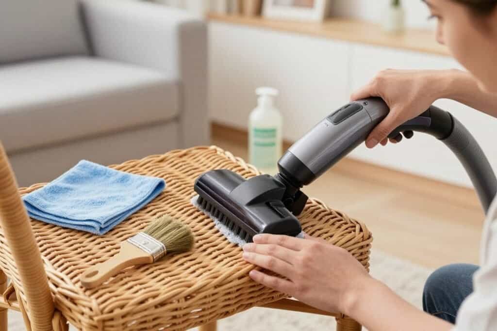 Person performing maintenance on wicker furniture with appropriate tools