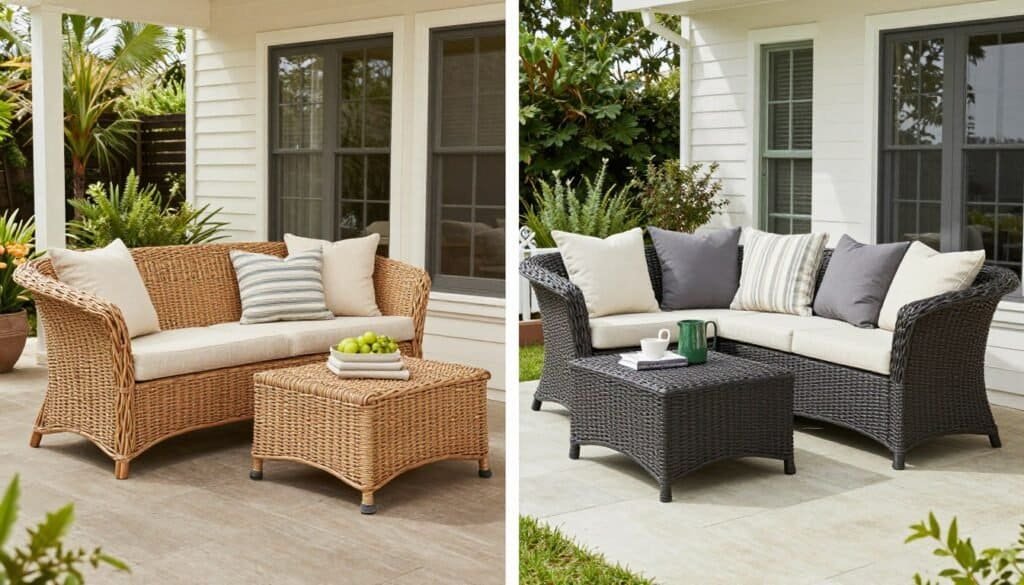 Side-by-side outdoor scene showing natural rattan furniture and synthetic wicker furniture in similar settings