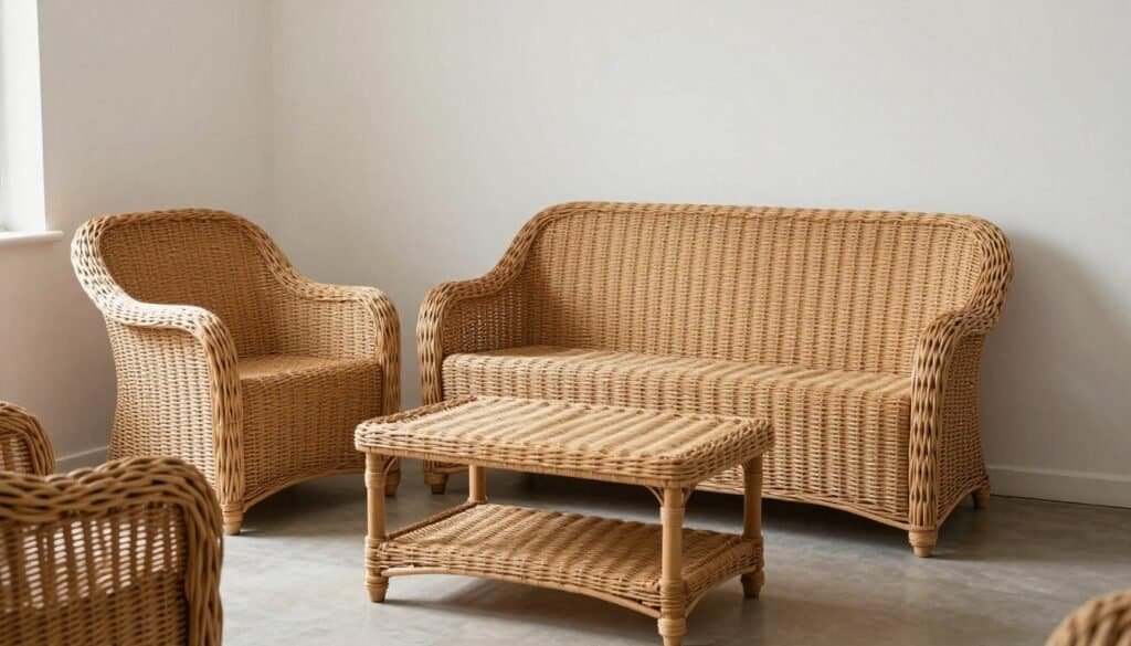 Small living room with wicker furniture demonstrating visual lightness