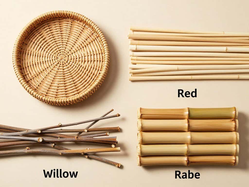 Various natural materials used in wicker furniture making including rattan, reed, willow, and bamboo