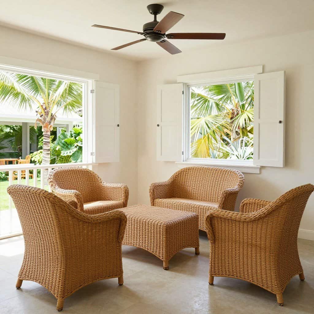 Well-ventilated room with wicker furniture during humid summer conditions