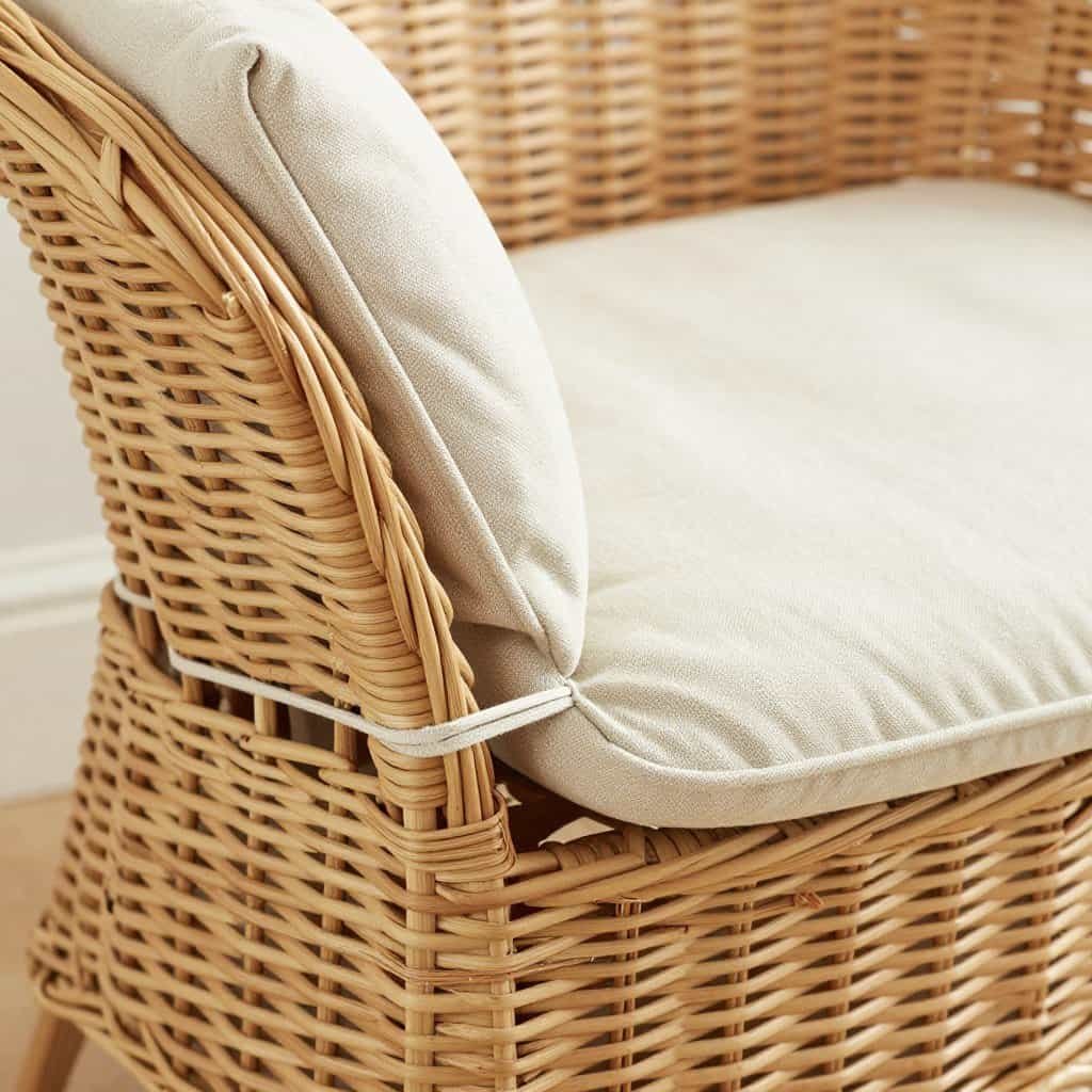 Wicker chair cushions with ties and removable covers for practical use