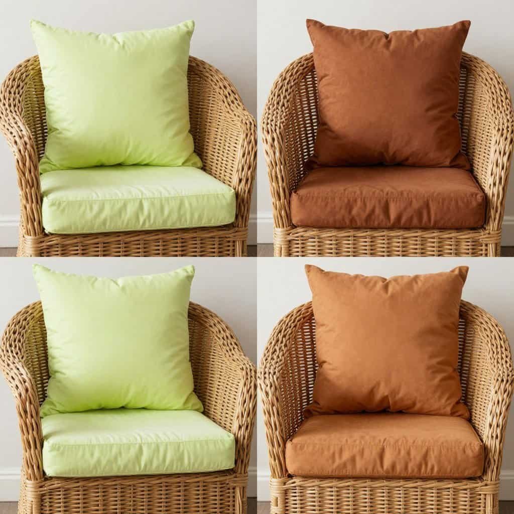 Wicker chairs with seasonal cushion colors showing style versatility