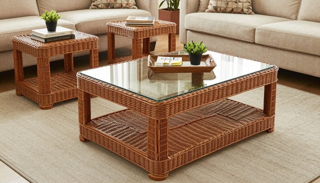 Wicker coffee table and side tables arranged in a living room setting