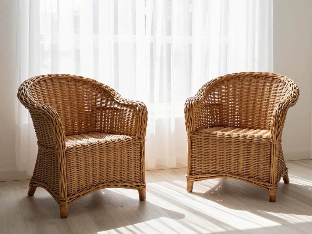 Wicker furniture properly positioned with window treatments to filter direct sunlight