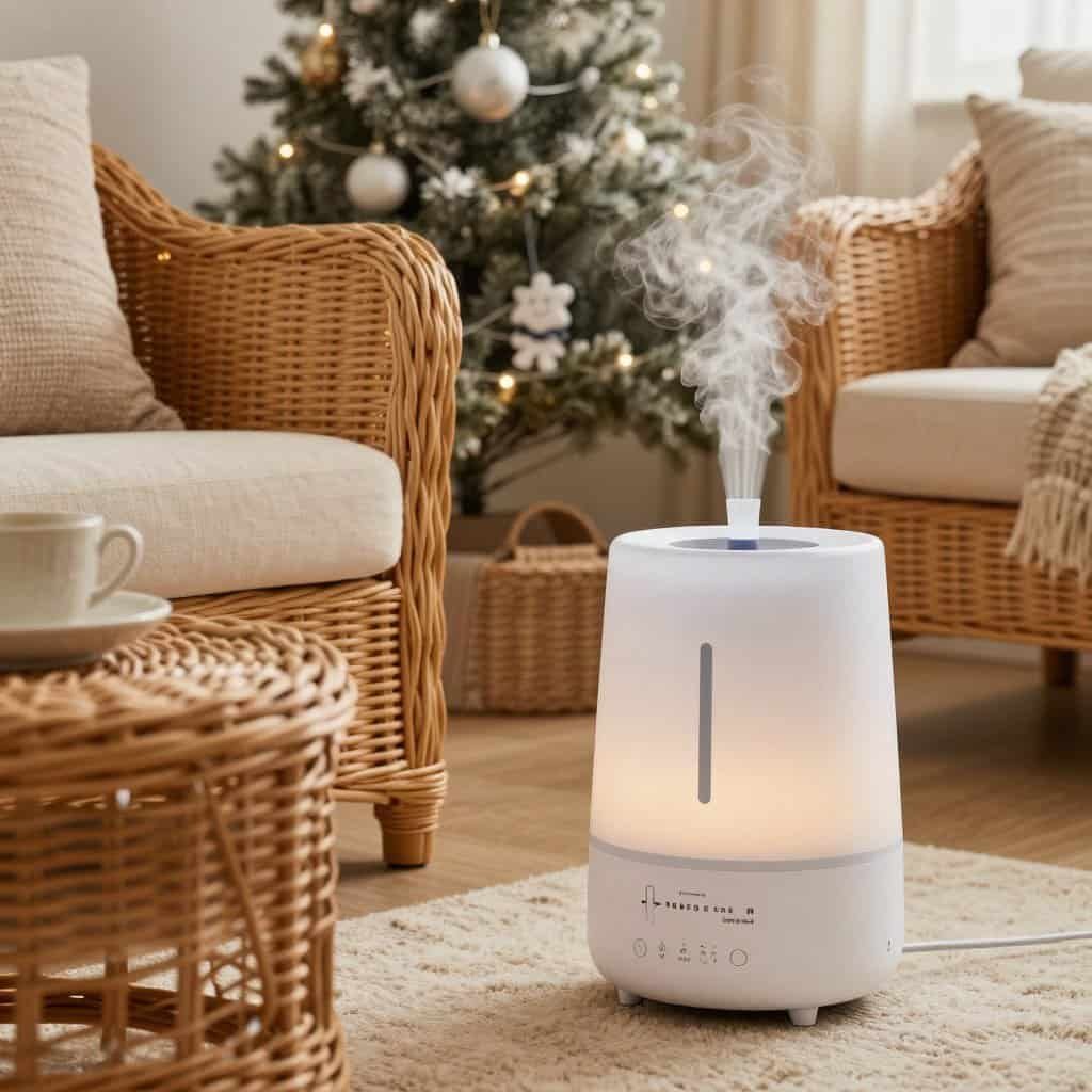 Wicker furniture with humidifier nearby during winter months
