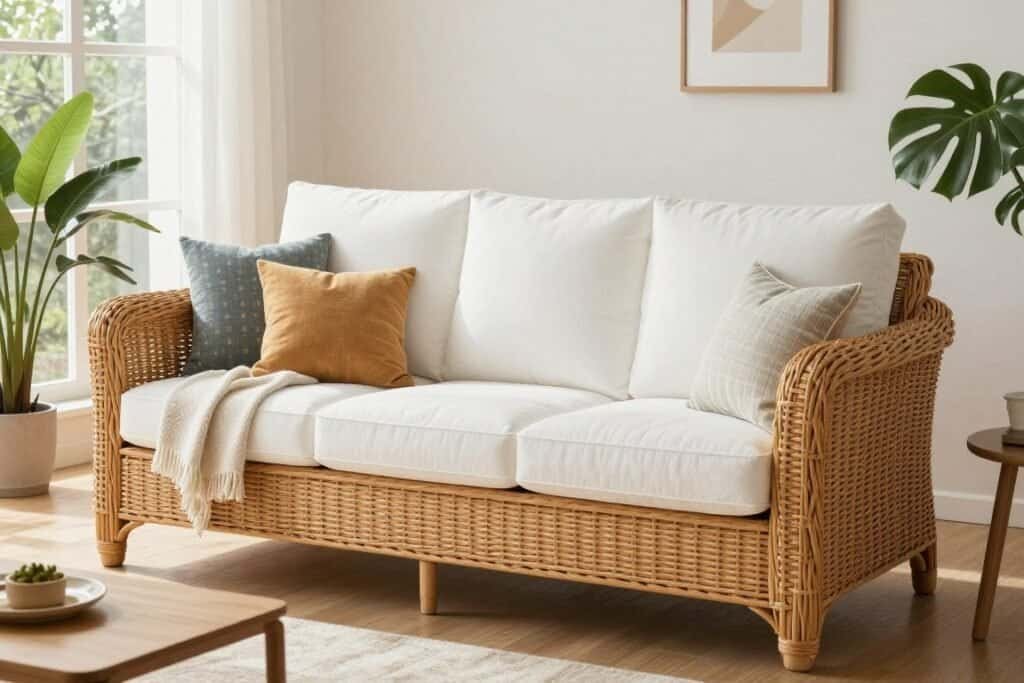 Wicker sofa with plush cushions in a bright living room setting